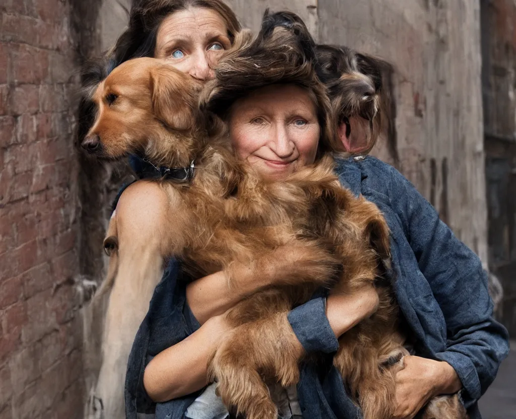 Image similar to closeup portrait of beautiful woman carrying a dog, smoky new york back street, by annie leibovitz and steve mccurry, natural light, detailed face, canon eos c 3 0 0, ƒ 1. 8, 3 5 mm, 8 k, medium - format print