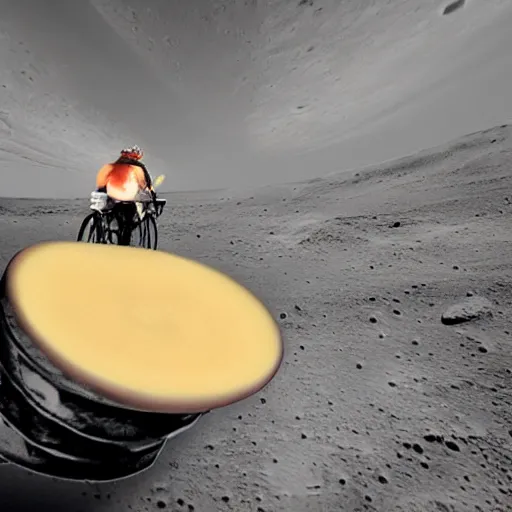 Image similar to a wheel of cheese is cycling fast on a bike on the surface of the moon and drives away from a huge and dangerousmushroom cloud of a nuclear explosion. photorealistic