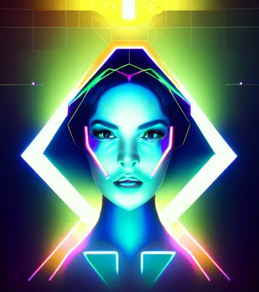 Image similar to symmetry!! latin princess of technology, solid cube of light, hard edges, product render retro - futuristic poster scifi, lasers and neon circuits, beautiful woman latin princess, intricate, elegant, highly detailed, digital painting, artstation, concept art, smooth, sharp focus, illustration, dreamlike, art by artgerm