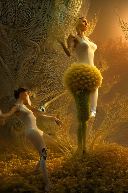 Image similar to intricate hyper detailed ultra sharp 3 d render, unity of mood, biomechanical cyborg ladies dancing, atmospheric, foliage, white large pore fungi, cyberpunk art nouveau, haute couture alexander mcqueen leaves stems dahlia blooming transparent fractal filigree roots, intricate details, octane render, volumetric cinematic lighting, natural beautiful light, yellow infrared, lumiol, 8 k,