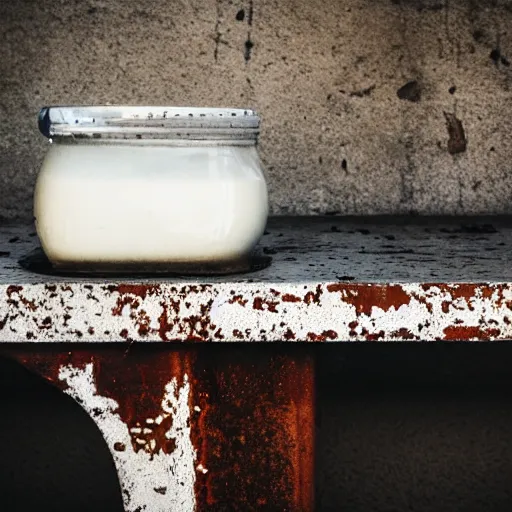 Image similar to bottle of milk, over a rusted metal table inside slaughterhouse