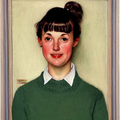 Image similar to Front portrait of a woman with bangs, and a sweater over a shirt and tie. Painting by Norman Rockwell.