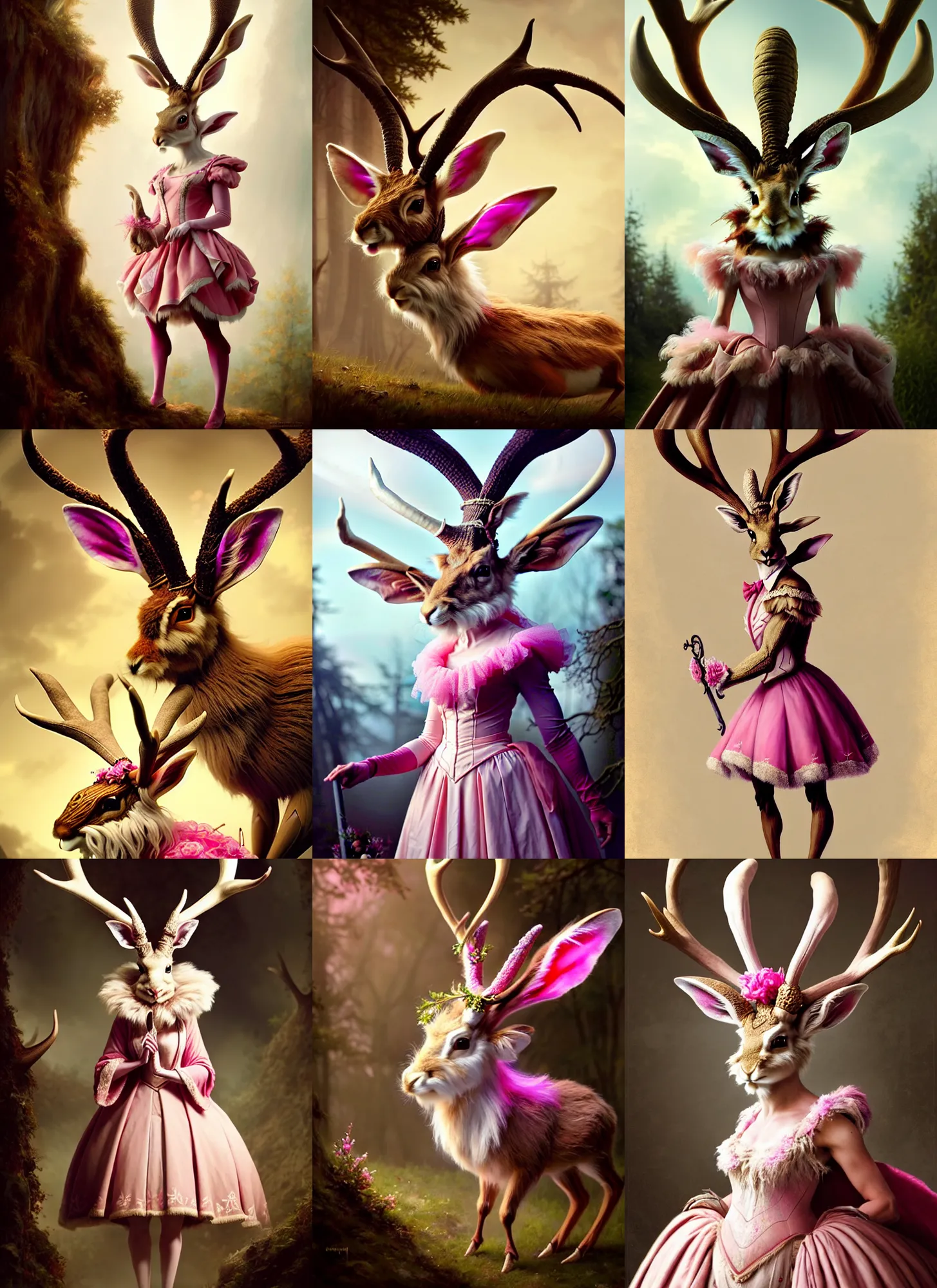 Prompt: a beautiful closeup photo from a fantasy film of a humanoid jackalope wearing a pink ballgown, anthropomorphic jackalope with antlers, full body portrait, joseph ducreux, greg rutkowski.