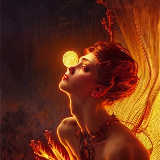 Image similar to full moon on fire, fantasy, intricate, elegant, dramatic lighting, emotionally evoking symbolic metaphor, highly detailed, lifelike, photorealistic, digital painting, artstation, concept art, smooth, sharp focus, illustration, art by John Collier and Krenz Cushart and Artem Demura and Alphonse Mucha and Albert Aublet