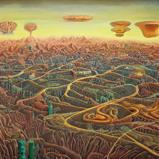 Image similar to surrealist landscape, human organ city, painting, highly detailed