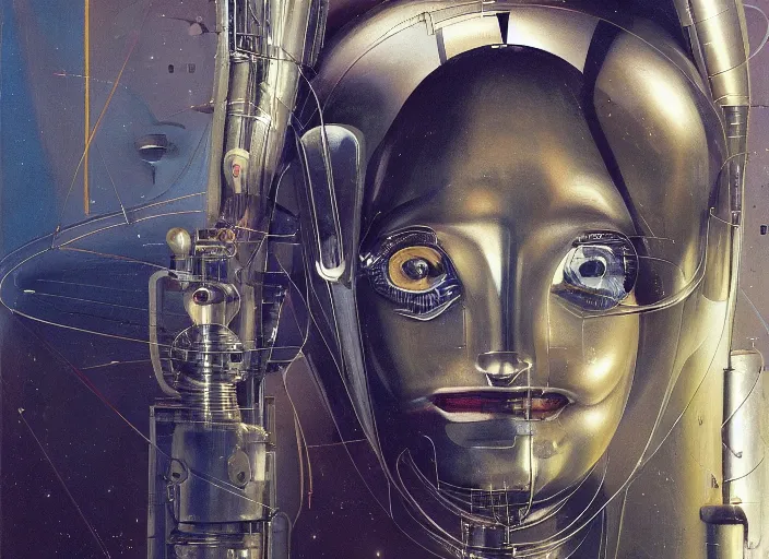 Prompt: a portrait of cyber - dog of sci fi metallic human, bright eyes, melancholic complex geometric figure liminal machinery by oskar schlemmer, moebius, john berkey, film grain, oil on canvas, portrait facial head, featured on artstation, hd wallpaper, 8 k