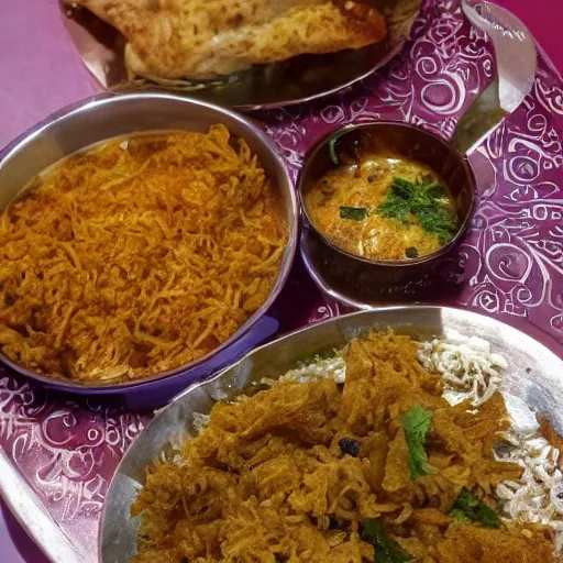 Prompt: A college student is eating chicken biryani in an Andhra mess, highly detailed, 4k, realistic faces, portrait shot, 30mm wide angle