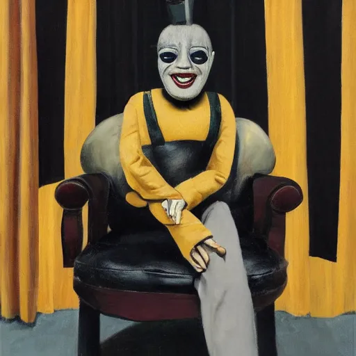 Image similar to oil painting of ventriloquist's dummy, sitting on chair with black leather seat, with gold comedy and tragedy masks on floor, black curtains in background, by neo rauch and paula rego