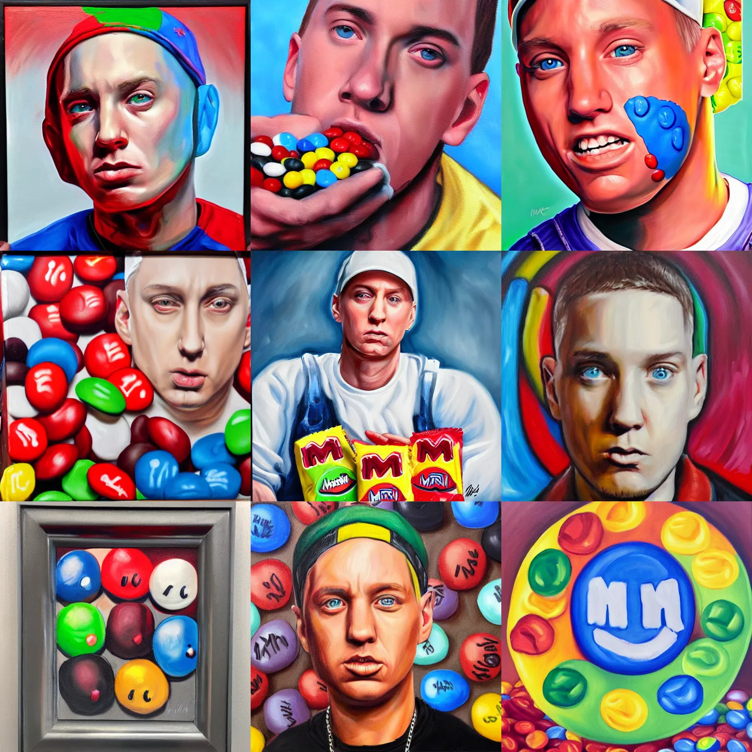 Prompt: eminem as an m & m candy, oil painting