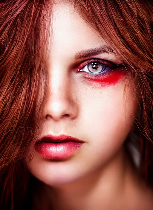 Prompt: Close-up portrait photo of a beautiful girl with light brown hair with red highlights , dramatic light,flash studio,in the style of Lindsay Adler, dark background, high quality