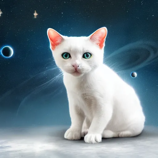 Prompt: cute little white cat in space with big eyes, hyper realistic, natural light, cozy atmospheric and cinematic lighting