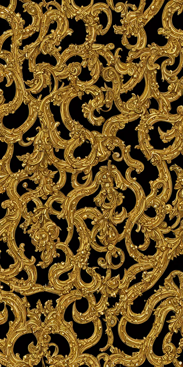 Image similar to subsurface scattering, seamless 3 d baroque gold and black pattern, beautiful dynamic shadows, gold silver iridescent pearls and swarovski crystals, symmetrical, rococo elements, damask, artstation, versace pattern, concept design art, octane render, 8 k