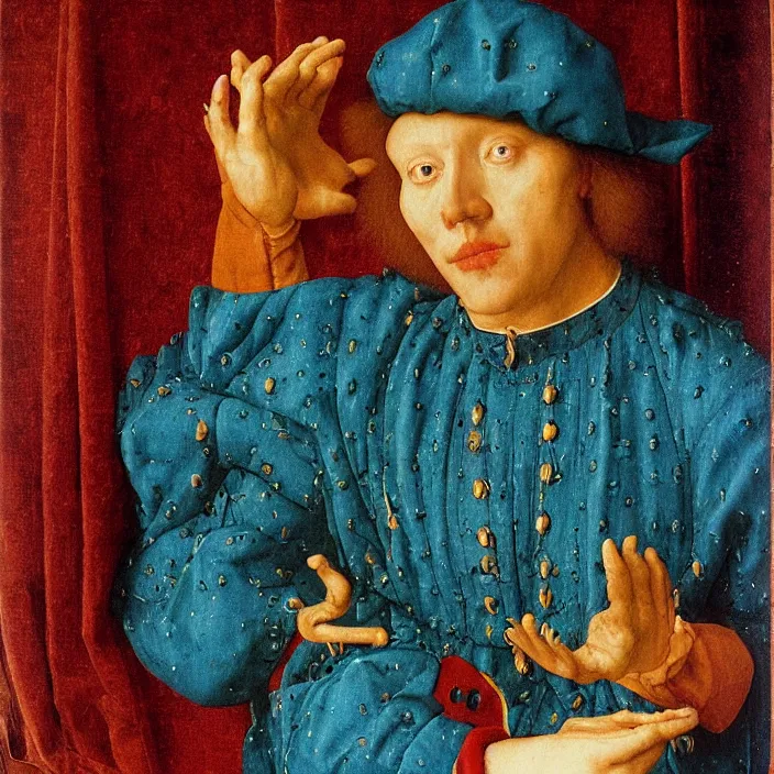 Prompt: blue crab man touching mirror. painting by jan van eyck