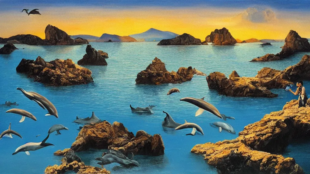 Prompt: High-Quality surrealist painting of Cap de Creus with dolphins at dawn, peaceful, very detailed, oil painting by Salvador Dalí.