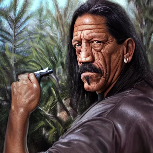 Prompt: danny trejo hiding in the bush, high definition image, featured on artstation, realistic shading, sharp contour