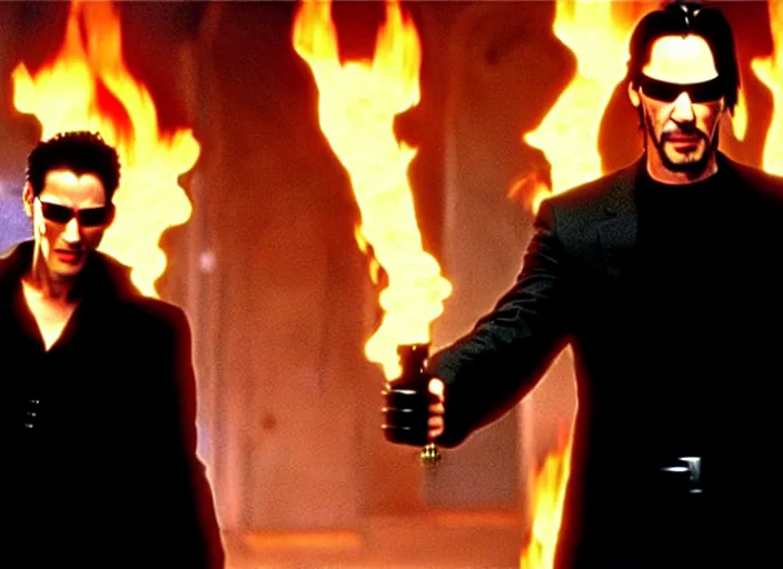 Image similar to Movie still of Keanu Reeves as Neo in The Matrix movie doing a thumb up to the camera in front on burning servers, servers in flames in the background, doing a thumb up, The Matrix servers on fire, uncropped, full body, crispy, symmetrical face, ultra detailed, cinematic, thumb up, double thumb up to the camera