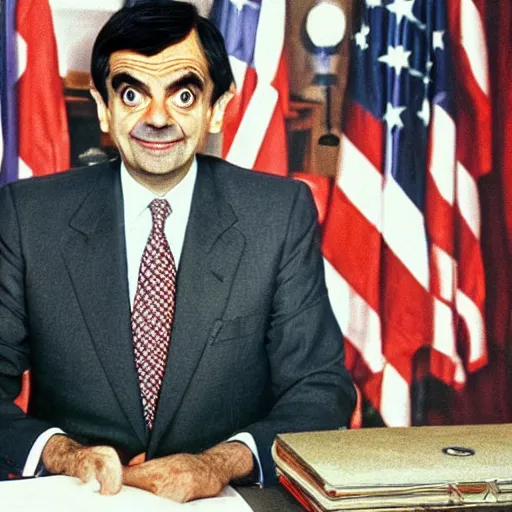 Image similar to Mr Bean elected as the president of the United States, 1980 colour photo