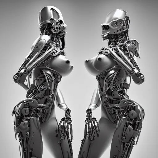 Image similar to biomechanical gina gerson twins, chimeric organism, pale skin, organic steel, full frontal, portrait, highly detailed, transhumanist, mechanical, professional photo, mendelbrot fractal, ray tracing, hyperdetailed, hyperrealistic, trending on artstation, oppai cyberpunk, octane render, hdr, uhd 4k