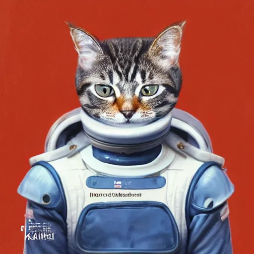 Image similar to head and shoulders masterpiece portrait of a cute adorable cat wearing a spacesuit, surreal background, digital art by krenz cushart,, moebius, greg rutkowski, zabrocki, karlkka, jayison devadas, phuoc quan, trending on artstation, 8 k, cgsociety,