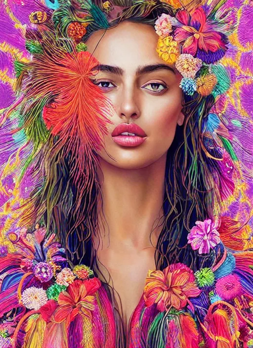 Image similar to beautiful portrait of Irina Shayk wearing fantastic Hand-dyed cotton dress,embellished beaded feather decorative fringe knots ,colorful pigtail,subtropical flowers and plants,symmetrical face,intricate,elegant,highly detailed,8k,post-processing,digital painting,trending on pinterest,harper's bazaar,concept art, sharp focus, illustration, by artgerm,Tom Bagshaw,Lawrence Alma-Tadema,greg rutkowski,alphonse Mucha