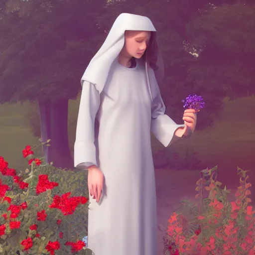 Image similar to young nun with light red long hair standing in a garden, 4k, detailed face, high details, 2D, art, behance