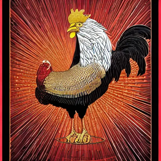 Prompt: dark military portrait of a majestic Fat!!!! Black Rooster, the King of rooster, red gold black royal tarot card background, ultra-detailed pen and ink illustration, impossible fine lines and details, vibrant red and gold colour, sharp focus, matte painting, symmetrical, golden ratio, concept art, 8k, octane render, trending on artstation, art by greg rutkowski and alphonse mucha and by john kenn mortensen