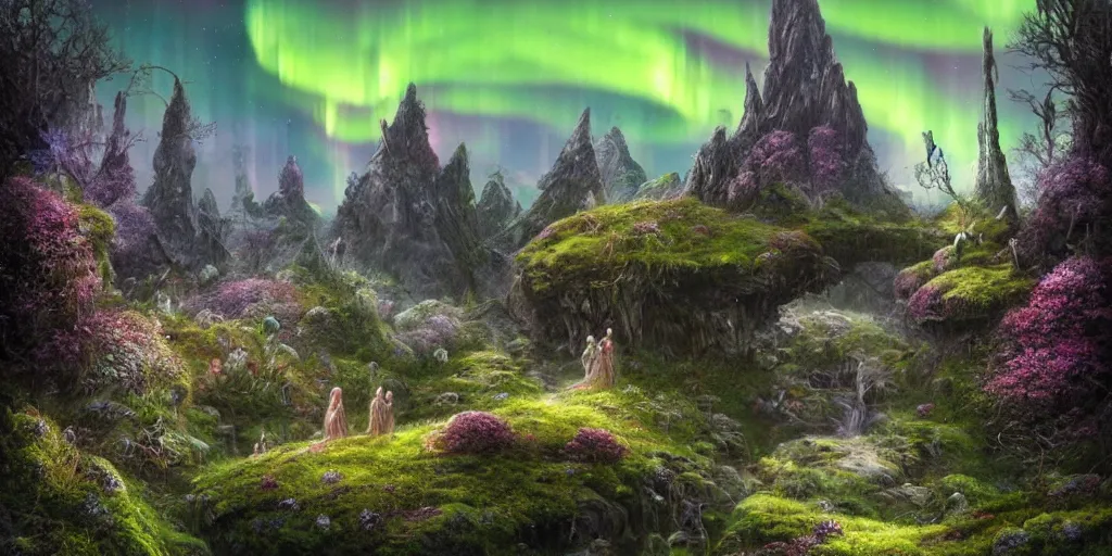 Image similar to fairyland scenery landscape, lord of the rings, aurora borealis, mist, monoliths, flowers, mushroom structures, moss highly detailed, vivid color, perfect lighting, perfect composition, 8 k, brian froud, artgerm, derek zabrocki, greg rutkowski