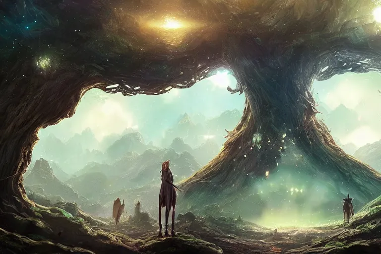 Image similar to a beautiful scenary of a fantasy world below a legendary yggdrasil tree with the background of a milky way, artstationHD, digital painting, hyper detail, elegant, cinematic, epic lighting, very very very very beautiful scenery, smooth, sharp focus