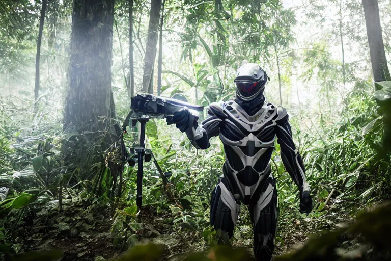 Image similar to Crysis Nanosuit shooting at enemies in a jungle combat photography 2022, Canon EOS R3, f/1.4, ISO 200, 1/160s, 8K, RAW, unedited, symmetrical balance, in-frame,