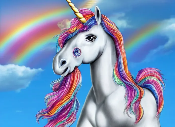 Image similar to a unicorn statue made out of diamonds. There is a rainbow in the background. Colorful, realistic digital art