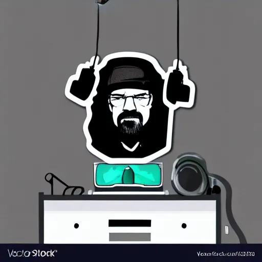 Image similar to a breaking-bad-walter-white, svg sticker, vector art, wearing headphones, jamming to music