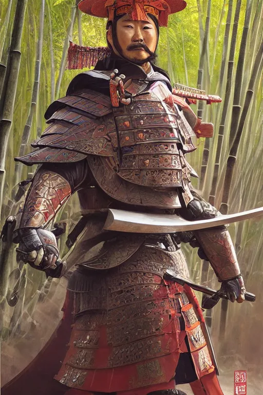 Image similar to close up of samurai general in full armor, in a bamboo forest, by vladimir volegov and alexander averin and delphin enjolras and daniel f. gerhartz, ultra realistic, concept art, intricate details, highly detailed, photorealistic, octane render, 8 k, unreal engine