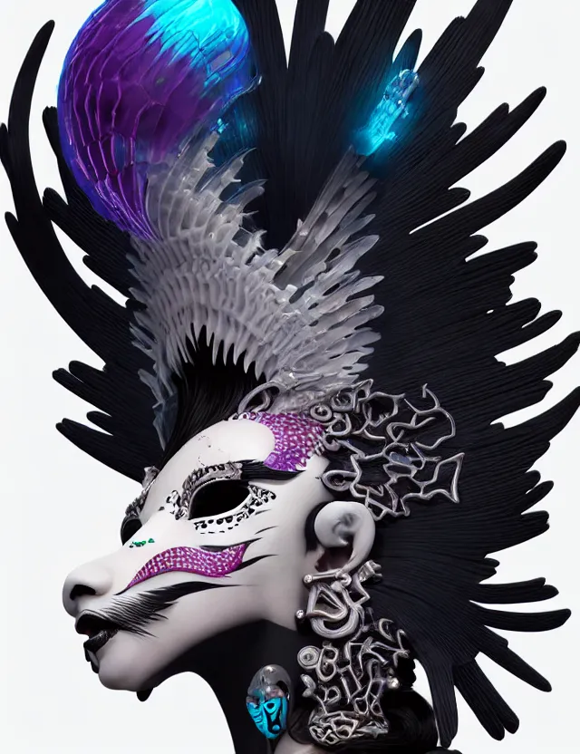 Image similar to 3 d goddess close - up profile simple portrait punk with mohawk with goat skull. beautiful intricately detailed japanese crow kitsune mask and clasical japanese kimono. betta fish, jellyfish phoenix, bio luminescent, plasma, ice, water, wind, creature, artwork by tooth wu and wlop and beeple and greg rutkowski