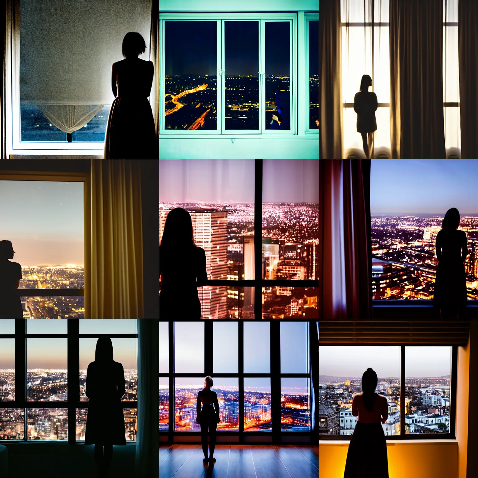 Prompt: view from dark dark unlit hotel room with small window, curtains pulled open, late at night night from a tall hotel overlooking a big city at midnight. a woman standing in front of the window only visible as a dark silhouette