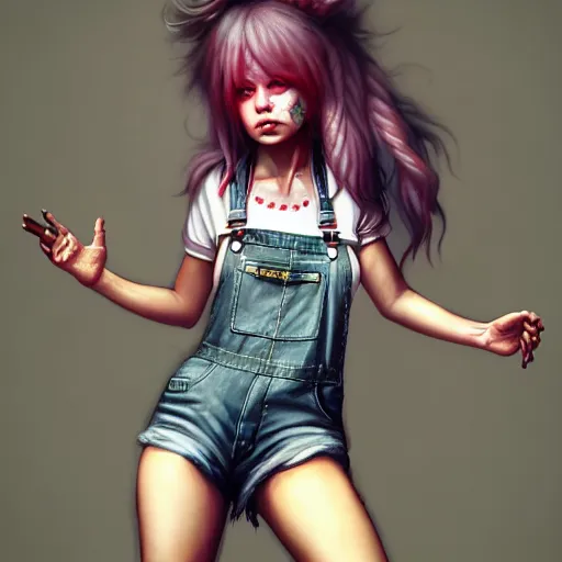 Image similar to full body pose, grungy alice, torn overalls, short shorts, combat boots, fishnets, beautiful, highly detailed face, true anatomy!, extremely detailed!, digital painting, unreal engine 5, art by tom bagshaw