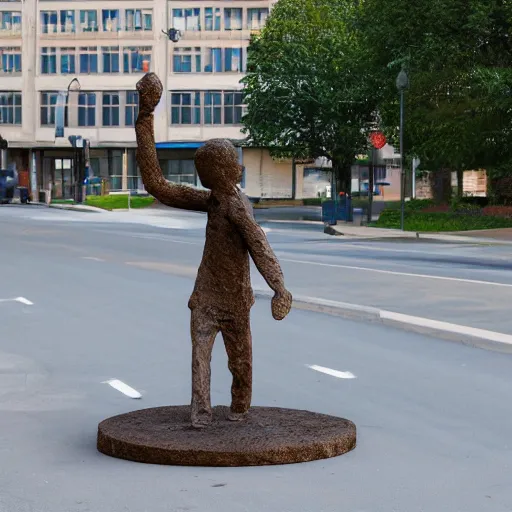 Image similar to high resolution photograph of a bronze cast stick figure sculpture in a roundabout