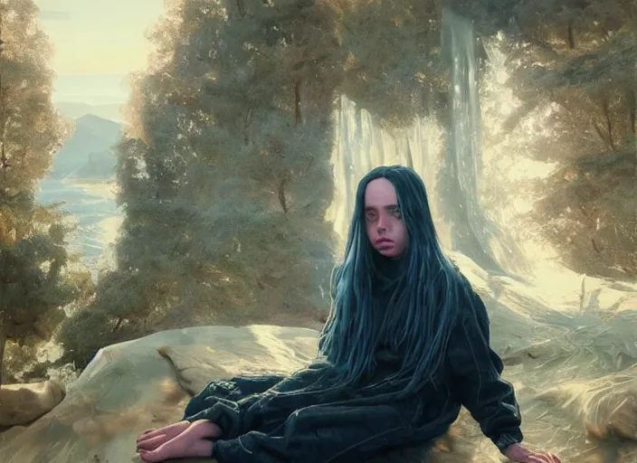 Prompt: billie eilish the real god, watching the earth. epic cinematic hyperrealism masterpiece. realistic poster with shaded lighting by craig mallismo, artgerm, jeremy lipkin and michael garmash, unreal engine, radiant light, detailed and complex environment, octane photoreal 3 d render, art station trends