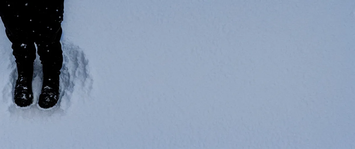 Image similar to top view extreme closeup movie like 3 5 mm film photograph of the silhouette of a man from the knees down wearing heavy boots walking through the antarctic snow during a heavy blizzard