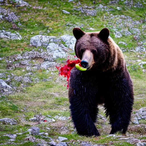 Prompt: nature photography photo of a bear with blood dripping from mouth, —w 512 —h 768