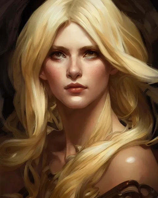 Image similar to '' Portrait of Beautiful blonde Slavic woman in her early 30’s, league of legends, LOL, fantasy, d&d, digital painting, artstation, concept art, sharp focus, illustration, art by greg rutkowski and alphonse mucha ''