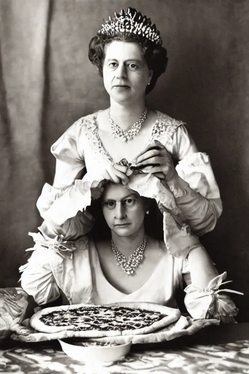 Prompt: historical photo of queen margherita ( savoy ) sharing a pizza! margherita with her friends, full body, portrait photo, diffuse light, acclaimed masterpiece