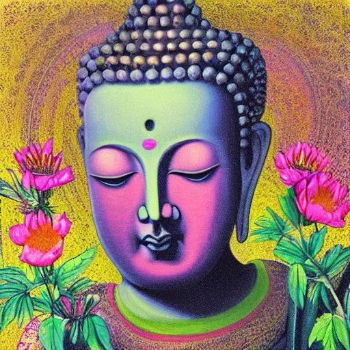Prompt: “ buddha, at the moment of enlightenment, sitting in a psychedelic field of colorful flowers and water falls, portrait by paul bonner. oil on canvas. ”