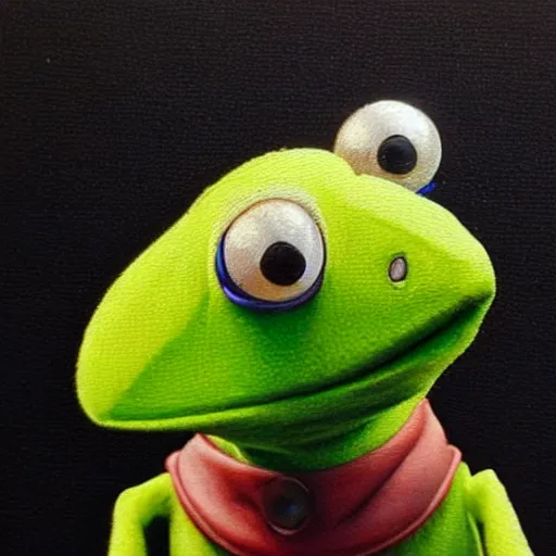 Image similar to kermit with a pearl earring, incredibly detailed, hyperrealistic, stylistic, painting