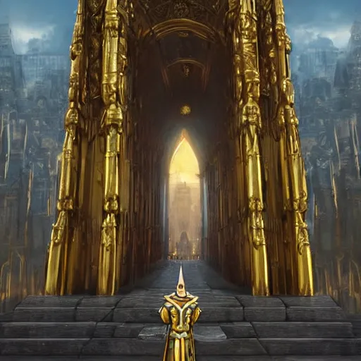 Prompt: a man staring a holy city in front of this golden gates, epic setting, symmetric face, hyperrealism, epic fantasy digital art, fantasy style art, by Greg Rutkowski, fantasy magic the gathering card art style