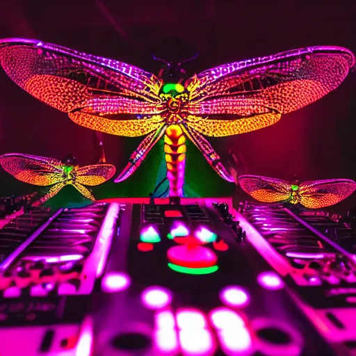 Image similar to A hd photo of a Dj playing his mixer in a rave with a lot of dragonflies around him. neon dragonfly, lights