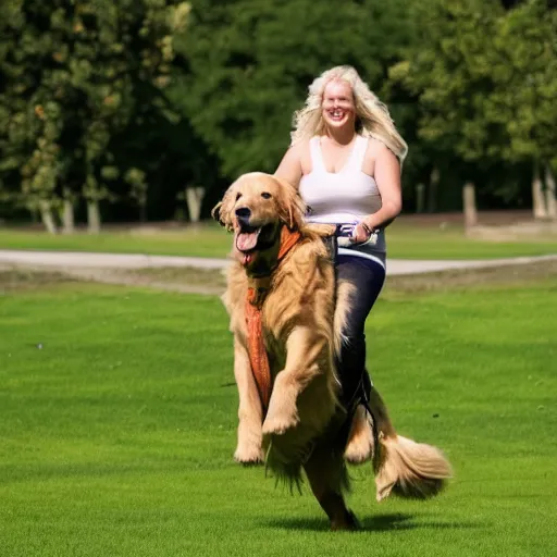 Prompt: human riding giant golden retriever in the park, trending on attestation