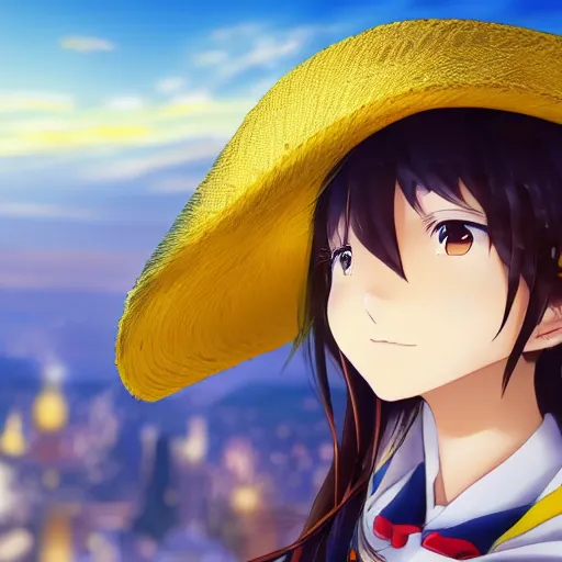 Prompt: closeup of an Anime girl wearing a colombian hat with the city of Armenia Quindio in the background, Artwork by Makoto Shinkai, official media, 8k, wallpaper, high definition, wallpaper, hd, digital artwork