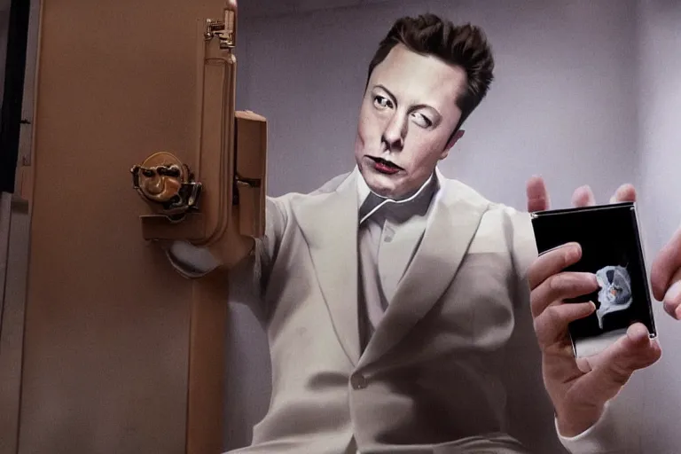 Image similar to hyperrealism aesthetic ridley scott and denis villeneuve style photography of a detailed hyperrealism elon musk, siting on a detailed hyperrealism toilet and scrolling his detailed smartphone in hyperrealism scene from detailed art house movie in style of alejandro jodorowsky and wes anderson