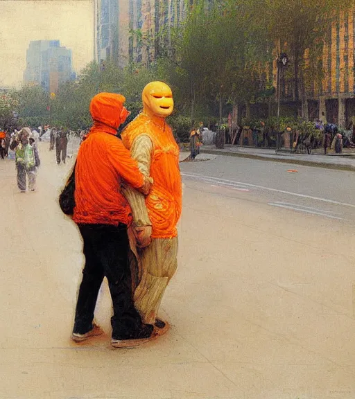 Image similar to : realistic photograph of an orange robot : helping an elderly man cross the street + by Edgar Maxence and Ross Tran