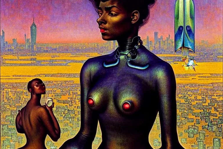 Image similar to realistic extremely detailed portrait painting of a beautiful black woman with a robot, city street on background by Jean Delville, Amano, Yves Tanguy, Ilya Repin, William Holman Hunt, Alphonse Mucha, Ernst Haeckel, Edward Robert Hughes, Roger Dean, rich moody colours